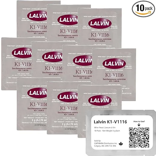 Lalvin K1-V1116 Wine Yeast (10 Pack) - Make Wine Cider Mead Kombucha At Home - 5 g Sachets - Saccharomyces cerevisiae - Sold by CAPYBARA Distributors Inc.