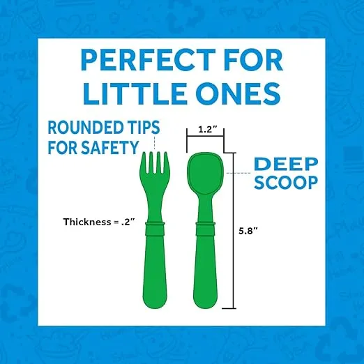 Re-Play Made in USA Toddler Forks and Spoons, Pack of 8 Without Carrying Case - 4 Kids Forks with Rounded Tips and 4 Deep Scoop Toddler Spoons - 0.2" Thick Toddler Utensils, Black