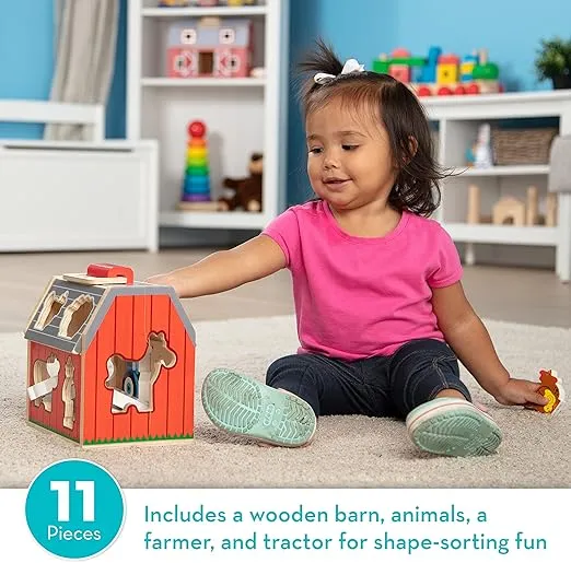 Melissa & Doug Wooden Take-Along Barn Toy with Flip-Up Roof and Handle, 10 Farm Play Pieces, Shape Sorting And Stacking Learning Toys For Toddlers And Kids Ages 2+
