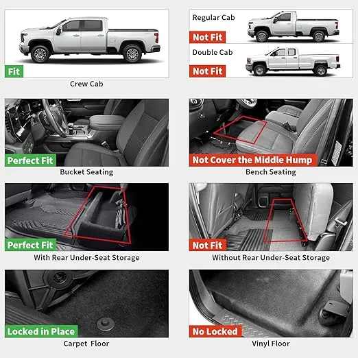 LASFIT Floor Mats for Chevy Silverado/GMC Sierra 1500 2019-2025 Crew Cab, 2020-2025 SLV/SRA 2500 3500 HD Crew Cab (Rear Row with Factory Storage)—1st & 2nd Row | 3pcs Black