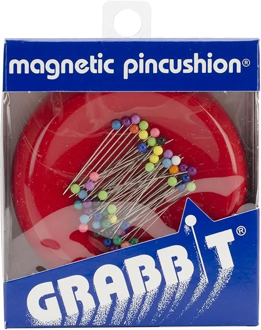 Grabbit Magnetic Sewing Pincushion with 50 Plastic Head Pins, Red