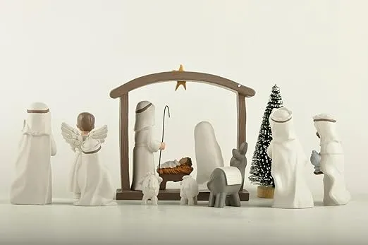 Nativity Scene Set, 12-Piece Holy Family Figurine - Hand Painted Mini Decorative Religious Christmas Figurines, Nativity Sets Including Baby Jesus, Mary and Joseph, Resin, Cream White