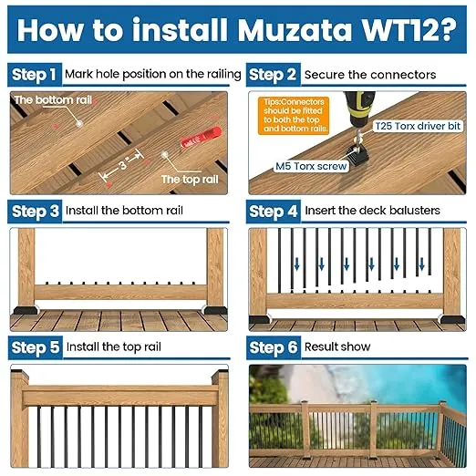 Muzata 25Pack 26" Aluminum Deck Balusters Square Black Deck Railing Stair Porch Staircase Spindles 3/4" Diameter Hollow for Wood and Composite Deck, WT12