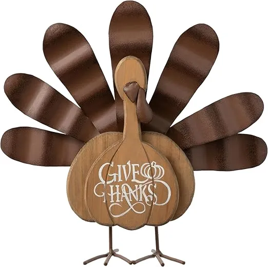 Glitzhome 12" H Thanksgiving Turkey Tabletop Decor, Wood Metal Turkey Figurine Table Decoration for Thanksgiving and Fall Home Decorative Turkey Table Decor