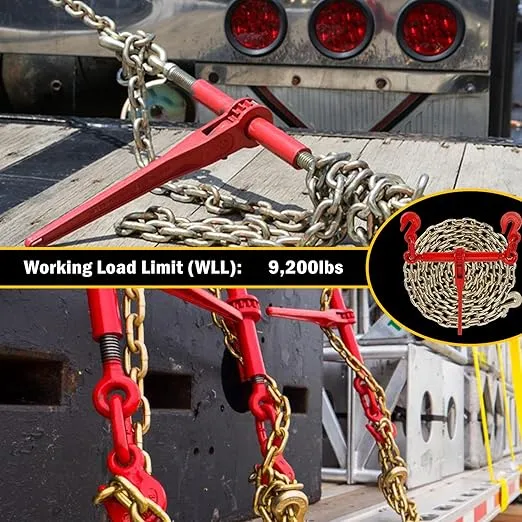 Chain Binder Kit (4 Pack), 3/8"-1/2" Ratchet Load Binder and 3/8" X 10ft G70 Tow Chain,6,600lb Working Load Limit, for Truck, Flatbed Trailer, Tie Down, Hauling, Towing