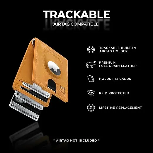 Kings Loot Trackable Smart Airtag Wallet Men Slim | Premium Leather RFID Blocking Wallet with Airtag Holder for Men w/Money Clip & Pull Tab | Minimalist Wallet for Men Airtag Holder | Air Tag Wallets
