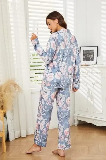 LYCY Womens Pajama Sets Floral Print, Long Sleeve Button Down Pajamas Set for Women Soft Sleepwear Pjs 2 piece Loungewear