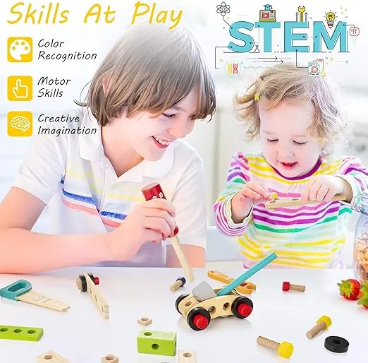 KIDWILL Kids Tool Set with Tool Box & DIY Stickers, Pretend Play STEM Construction Kits for Toddlers 3-5, Montessori Toys for 3 4 5 Year Old, Wooden Play Tools Set, Toddler Boy Toys
