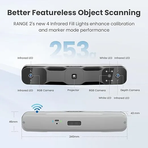 Revopoint RANGE 2 3D Scanner for 3D Printing Handheld, 3D Printer Scanner 0.1 mm Precision, 3D Modeling Built-in RGB Color Camera, Supports Body Face Large Objects Scan, Support Win/Android/iOS/macOS