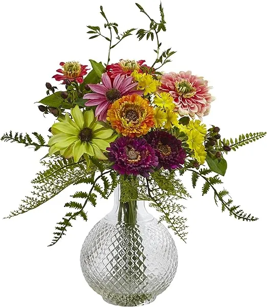Nearly Natural Mixed Flower in Glass Vase