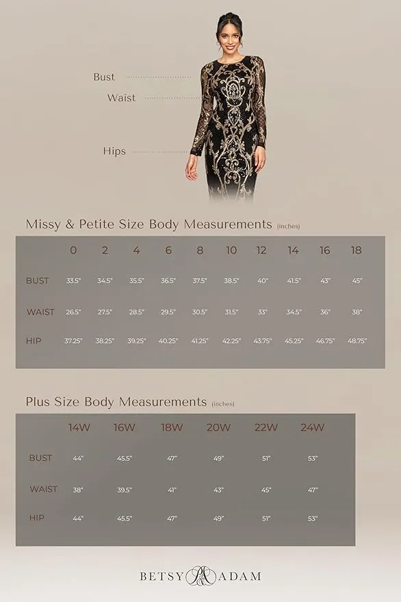Betsy & Adam Women's Size Long Sleeve Stretchy Formal Dress (Available in Plus)