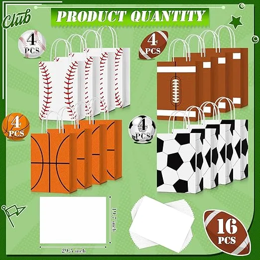 16 Pcs Sports Party Gift Bags with Tissue Paper Baseball Football Soccer Basketball Gift Goodie Favor Bags with Handle for Baseball Theme Party Girls Boys Birthday Decoration (Multicolor, Sports)