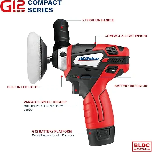 ACDelco G12 Series 12V Cordless 3" Mini Polisher Tool Set with 2 Li-ion Batteries, Charger, and Accessory Kit, ARS1212