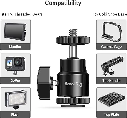 SmallRig 1/4" Camera Hot Shoe Mount, Ballhead Tripod with Additional 1/4" Screw, 2pcs Pack - 2059