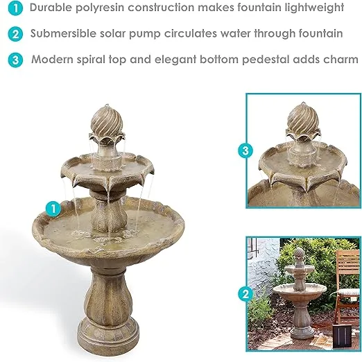 Sunnydaze 35-Inch 2-Tier Solar Water Fountain Outdoor with Battery Backup - Submersible Pump - Resin and Fiberglass - Earth