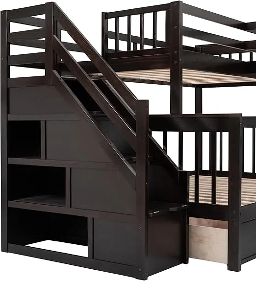 Modern L-Shaped Twin-Twin Over Full Bunk Bed with Staircase and 3 Storage Drawers, Solid Wood Triple Bed with Portable Desk and Wardrobe for Adults Teens Kids, Maximized Space (Espresso-3t)