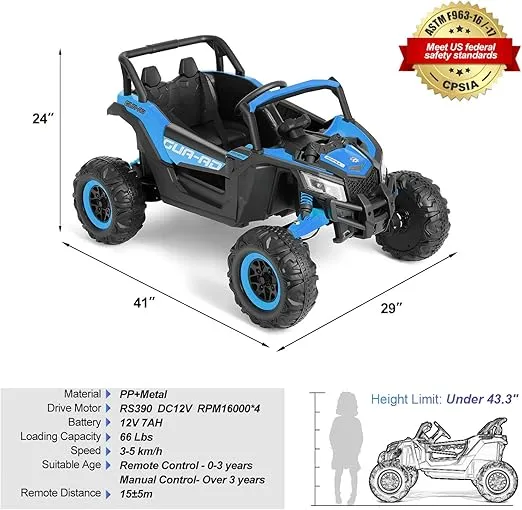 JOYLDIAS 4WD Ride On Car, 12V Battery Powered Electric Off-Road UTV for Kids, 4X4 Electric Vehicle with 4 Powerful Engines, 2.4G Remote Control, Music, Bluetooth, LED Lights for Boys and Girls, Blue
