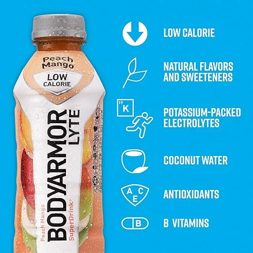 BODYARMOR LYTE Sports Drink Low-Calorie Sports Beverage, Peach Mango, Coconut Water Hydration, Natural Flavors With Vitamins, Potassium-Packed Electrolytes, Perfect For Athletes, 12 Fl Oz (Pack of 8)