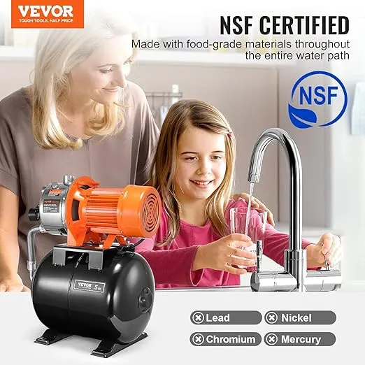 VEVOR 1.6 HP Shallow Well Pump with Pressure Tank, 1320 GPH, Automatic Irrigation Water Booster Pump with 30/50 PSI Pressure Switch for Home Garden Lawn, NSF Certification for Drinking Water Security