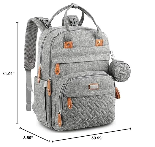 BabbleRoo Waterproof Diaper Bag Backpack - Baby Essentials Travel Tote - Multi function with Changing Pad, Stroller Straps & Pacifier Case - Unisex, Light Gray