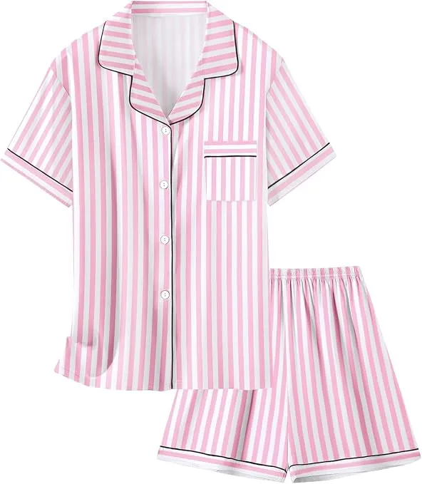 Schbbbta Girls Womens Pajamas, Satin Silky Pjs Set Kids 2Pcs Button-Down Nightwear Sleepwear Gift for Mommy and me