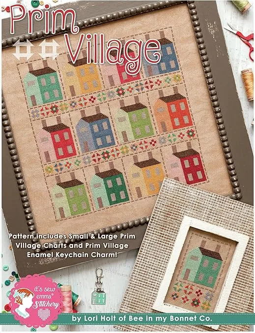 Six Mile Cross Stitch Pattern, Prim Village W/Enamel Charm