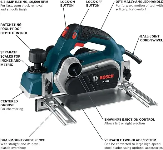 BOSCH 3-1/4 Inch 6.5 Amp Hand Planer for Woodworking, 2.6 mm Cut Depth, Corded with Carrying Case (PL2632K)