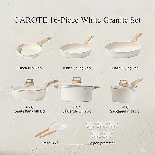 CAROTE 16 Piece Cookware Set, Nonstick Pots and Pans, Induction Cookware Cooking Set with Frying Pans, Saucepans, Saute Pan