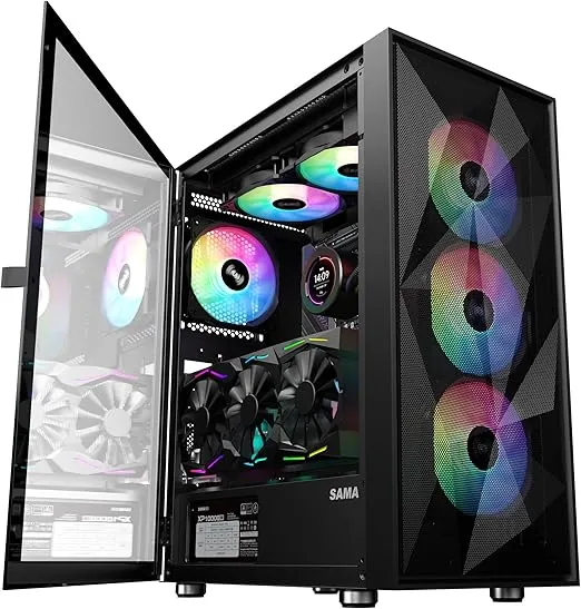 SAMA 3509 ATX Mid Tower Computer Case Steel Mesh Front Tempered Glass with Open Door 4 ARGB Fans Pre-Install USB3.0X2 360mm AIO Support at Front Black