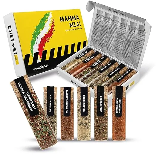 DIBYS Gourmet Italian Seasoning Set - 6 Authentic Spice Blends with Recipes - Italian Herbs, Pizza, Spaghetti Seasoning & More - Mediterranean Seasonings & Spices - Ideal Gifts for Men - Spice Kit