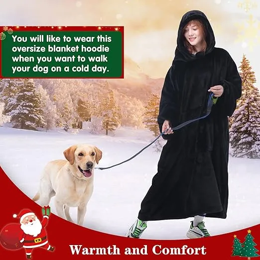 Waitu Wearable Blanket Sweatshirt Gifts for Women and Men, Warm and Cozy Giant Blanket Hoodie, Thick Flannel Blanket with Sleeves and Giant Pocket - Black