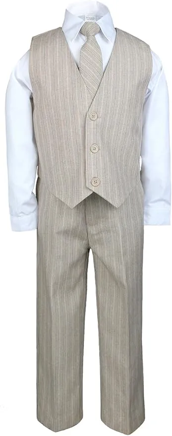 Formal Boys 4pcs Khaki Seige Taupe Pinstripe Vest Sets Suits Baby to Teen