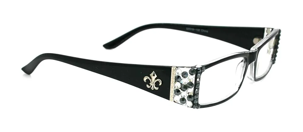 The French, (Bling) Fleur De Lis Women Reading Glasses Adorned with (Clear + Hematite) Genuine European Crystals Magnifying (Black) Rectangular. NY Fifth Avenue.