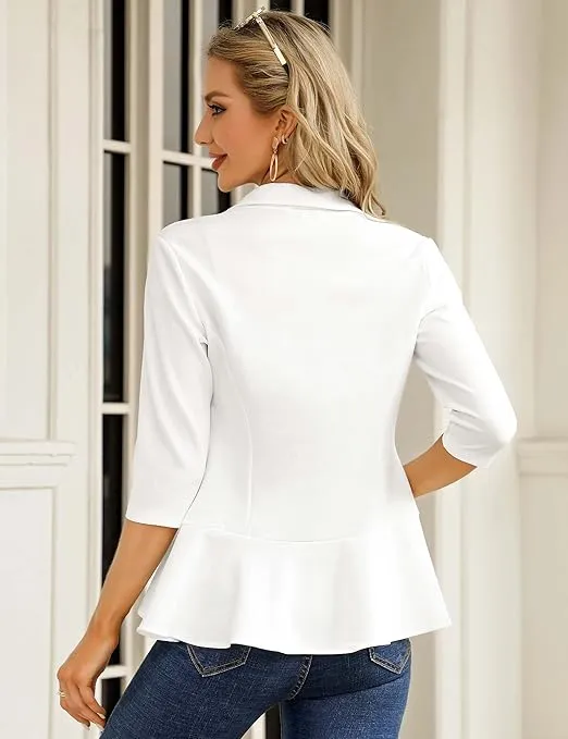 KOJOOIN Womens Casual Blazer 3/4 Sleeve Open Front Ruffle Work Office Cardigan Suit Jacket