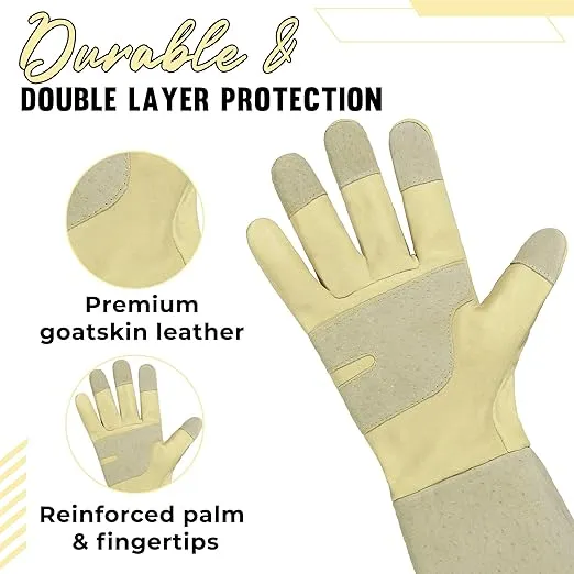 HANDLANDY Pruning Gloves Long for Men & Women, Rose Thorn Proof Gardening Gloves- Gardening Gifts for Gardeners (Beige- goatskin, Medium (Pack of 1))
