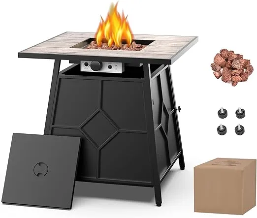 28'' Propane Fire Pit Table for Patio Outdoor, 40000BTU Gas Fire Table with Weather Cover, Lid, and Volcanic Rock, Pulse Ignition System, Stainless Steel Black