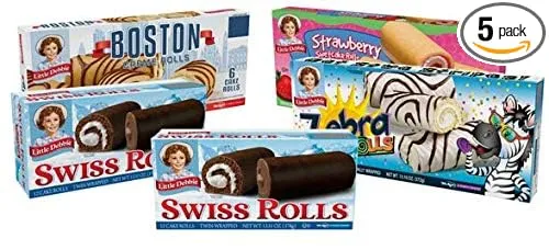 Little Debbie Cake Roll Variety Pack, 1 Box Of Zebra Cake Rolls, 2 Boxes of Swiss Rolls, 1 Box Of Strawberry Shortcake Rolls, And 1 Box Of Boston Creme Rolls, 5 Piece Assortment