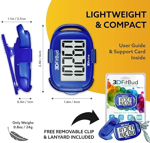 3DFitBud Simple Step Counter Walking 3D Pedometer with Clip and Lanyard, A420S