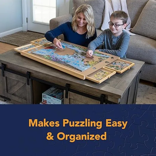Bits and Pieces Puzzle Board with Drawers - 1500 Piece Jigsaw Puzzle Table Organizer Smooth Non-Slip Wooden Puzzle Board 26"x35" Portable Sorting Tray
