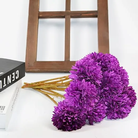 Tinsow 12 pcs Artificial Flowers Purple Faux Ball Chrysanthemum Bouquet Flowers Wedding Bouquet for Home Garden Party Wedding Decoration