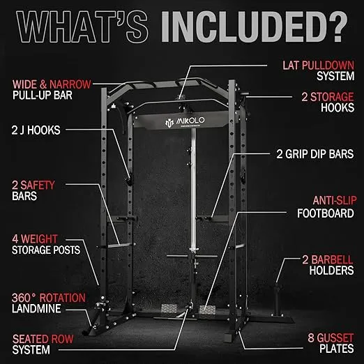 Mikolo Power Cage, Power Rack with LAT Pulldown, 1200 Pounds Capacity Workout Cage with More Training Attachments, Squat Rack for Home Gym, F4 Versions