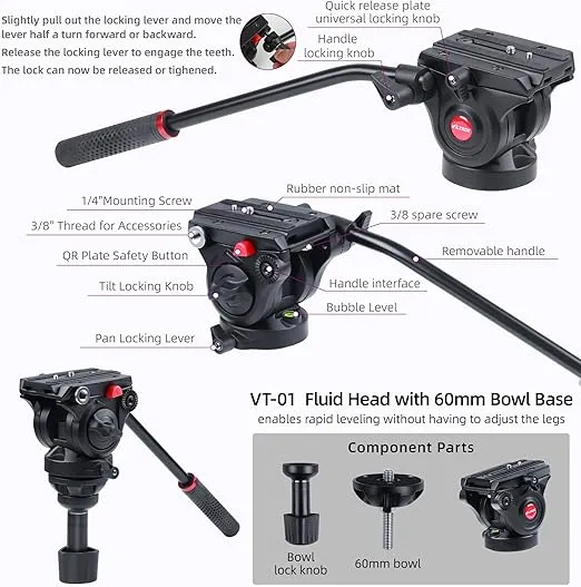 VILTROX Heavy Duty Tripod, 74 Inch Fluid Head Video Tripod, 22lbs Sturdy Heavy-Duty Tripod with QR Plate, Hand Bar, Carrying Bag, Mid-Level Spreader Travel Tripod for DSLR Camcorder (VX-18M II)