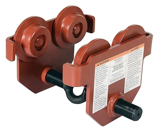 Vestil E-MT-2 Steel Low Profile Eye Manual Push Trolley, 2,000-lb. Capacity, 2-1/4 - 10-1/8" I-Beam Flange, 2-5/8" Headroom , Orange
