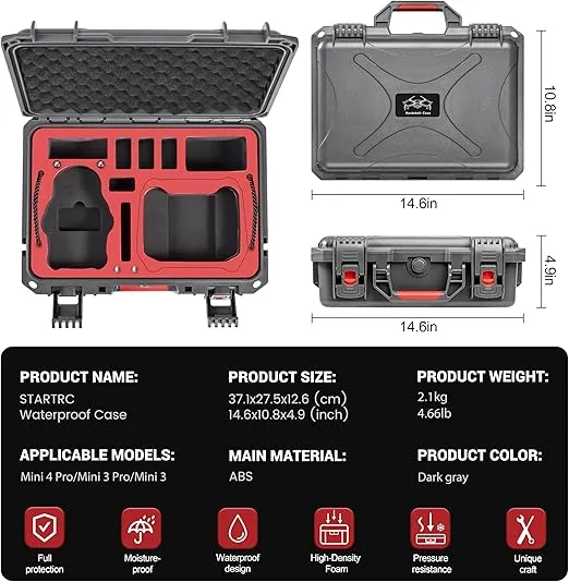 STARTRC Dual Layer Hard Case for DJI Mini 4 Pro Waterproof Pressure Resistant Carrying Case for DJI Mini 4 Pro/Mini 3 pro/Mini 3 Accessories - Fits For DJI RC 2/RC-N2 Controller,Battery Charger Hub