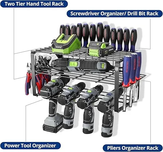 WORKPRO Power Tool Organizer, Wall Mounted Power Tool Holder, 3-Tiers Storage Rack for Cordless Drill Storage, 150 LBS Load Capacity for Garage, Warehouse, Workshop