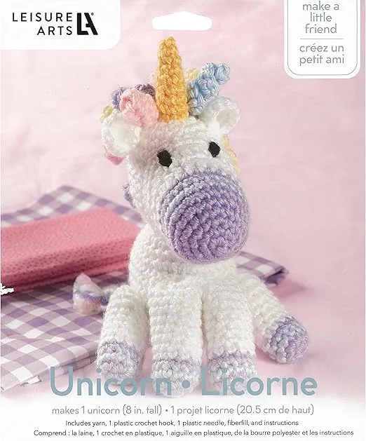 Leisure Arts Little Crochet Friend Animals Crochet Kit, Unicorn, 8", Complete Crochet kit, Learn to Crochet Animal Starter kit for All Ages, Includes Instructions, DIY amigurumi Crochet Kits