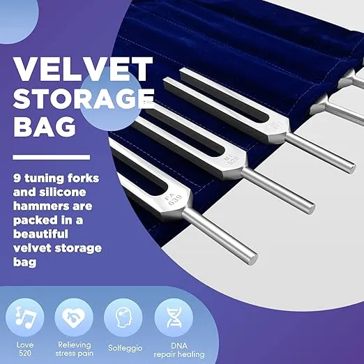 Solfeggio Tuning Fork Set - 9 Tuning Forks Perfect for DNA Healing, Chakra, Sound Therapy, Keep Body, Mind and Spirit in Perfect Harmony.(174 Hz, 285 Hz, 396 Hz, 417 Hz, 528 Hz, 639 Hz etc)