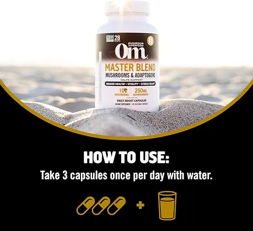OM Mushroom Superfood Master Blend Mushrooms & Adaptogens, Capsules Supplement, 84 Count, 28 Servings, 10 Mushroom Complex, Adaptogens for Immune Health, Vitality, Stress Relief