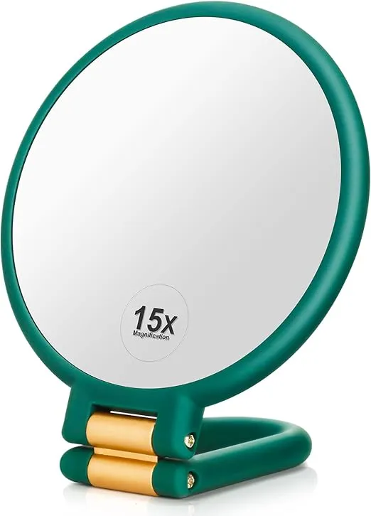 Handheld Mirror, 1x 15x Magnifying Makeup Mirror with Handle Double Side Hand Held Mirror with 1x15x Magnification & Foldable Handle, Portable Travel Makeup Hand Mirror for Women (Army Green)