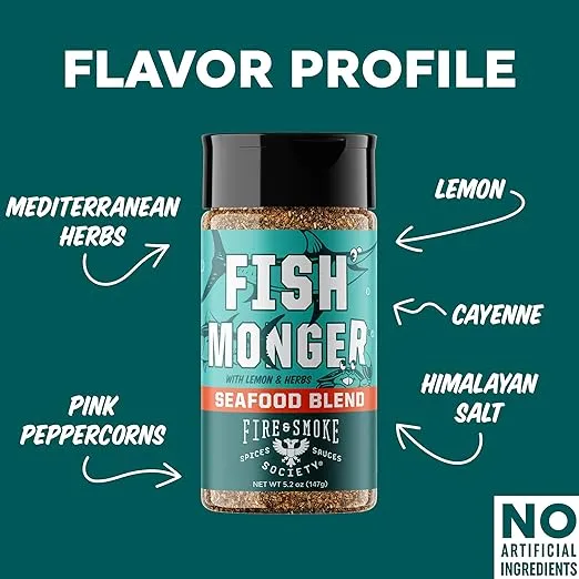 Fire & Smoke Society Fish Monger Seafood Seasoning | Fish Seasoning for Snapper, Swordfish, Tuna, Catfish, Salmon | BBQ Rubs and Spices | Himalayan Pink Salt, Garlic, Aromatic Herbs, Lemon and Orange Peel | M 5.2 oz